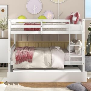 full over full bunk bed with trundle, pine wood bunkbeds with build-in ladder and safety rails, convertible to 2 full size platform bed for 3 teens& adults, no box spring needed, white