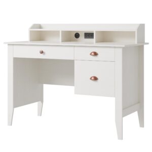 ttview computer desk with usb charging port and storage drawers, writing study table with hutch shelf and file drawer, executive desk with 47" wide tabletop for home office bedroom, white oak