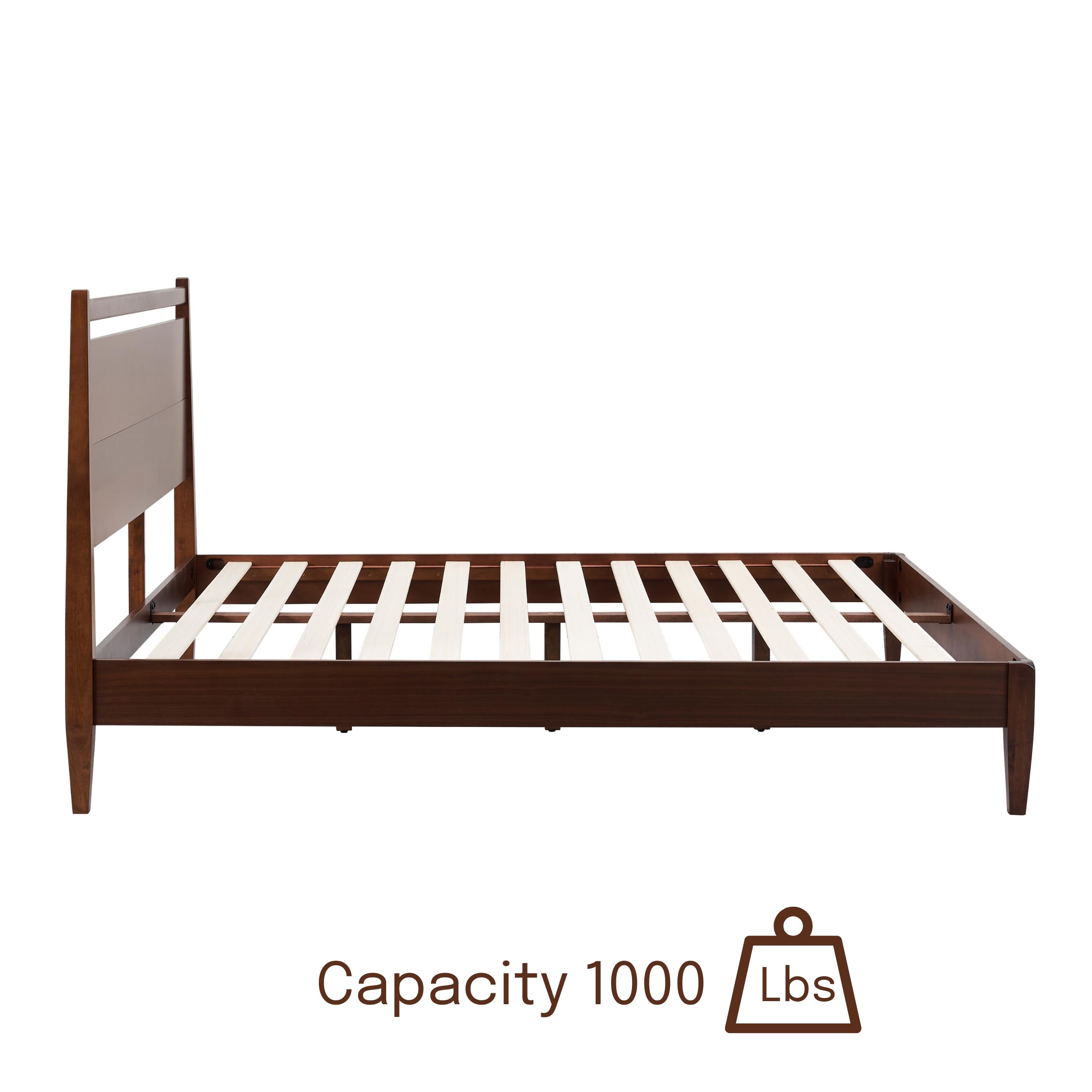 NTC Adept Wooden Bed Frame with Headboard, Crafted from Walnut, Rubber Wood with Silent Slats and Wood Central Supports, 1000 Lb Capacity, Effortless Assembly, Queen - Dark Walnut