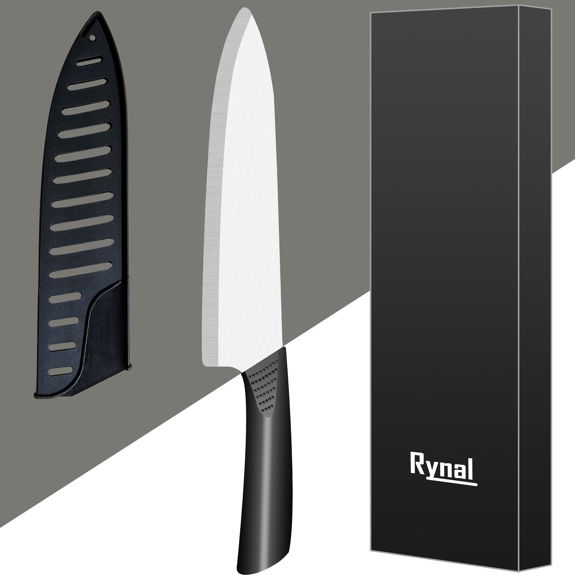 Rynal Ceramic Knife Chef Knife Meats Fruits Vegetables Knife - Sharp Ceramic Kitchen Knife with Sheath Cover - 8 Inch Black