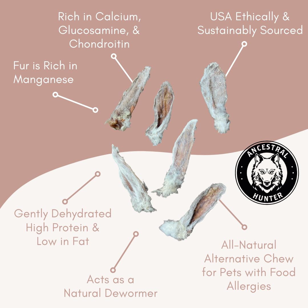 Dehydrated Rabbit Ears for Dogs & Cats - Furry Rabbit Ear Dog Treats - USA Sourced Whole Rabbit Ears with Fur for Dogs - Rawhide Alternative - 100% Single Ingredient Furry Rabbit Ears (6 Count)