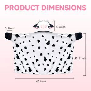 KUUKO Child Wearable Hooded Blanket: Whimsical Cow Design, Cozy Flannel, One Size Fits All, 39.3" Length, 49.2" Width, 8.6" Hood