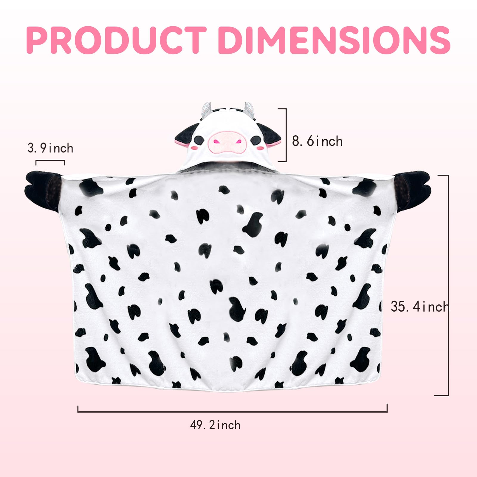 KUUKO Child Wearable Hooded Blanket: Whimsical Cow Design, Cozy Flannel, One Size Fits All, 39.3" Length, 49.2" Width, 8.6" Hood