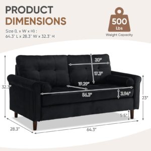 61.5-inch Small Black Couch, Comfy Velvet Upholstered Black Loveseat muebles para la sala Mid-Century Modern Couches Love Seat Mini Sofa for Bedroom Living Room Office Furniture for Small Spaces