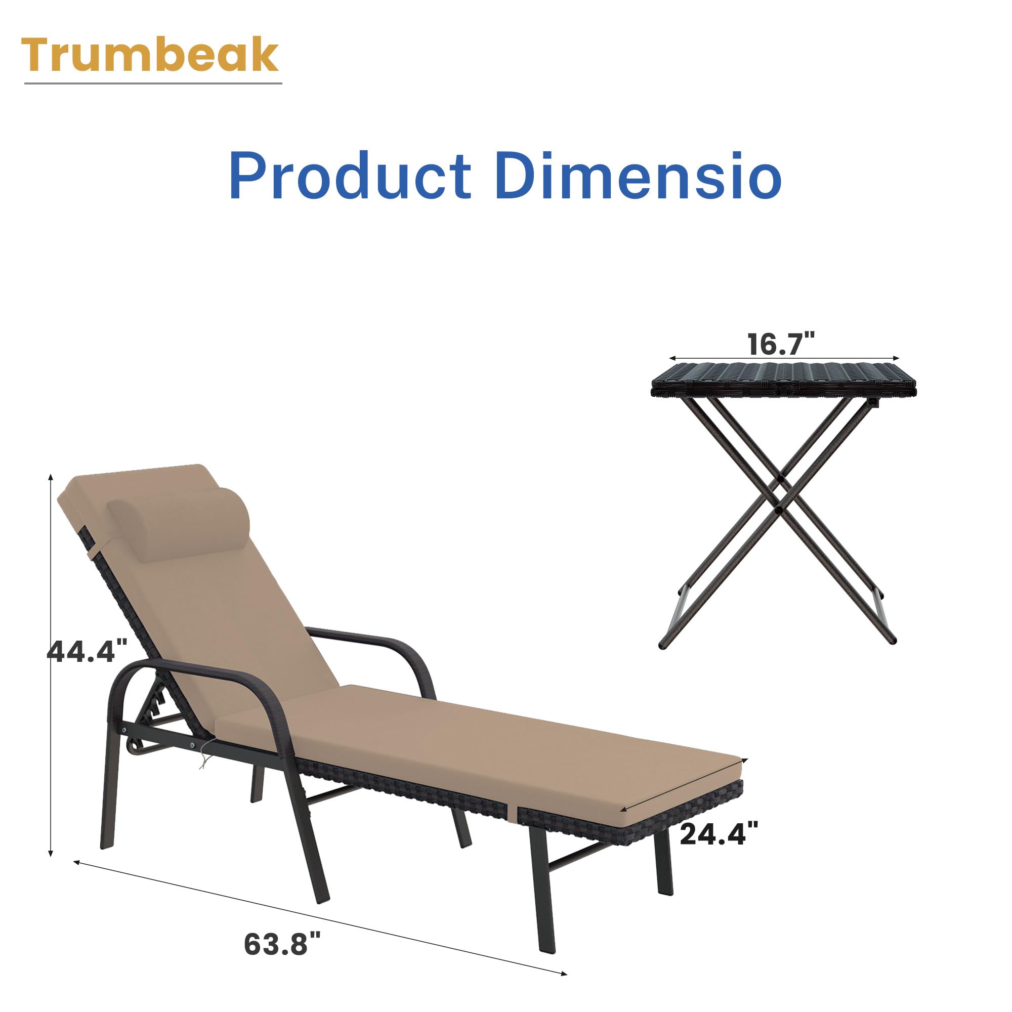 Trumbeak Patio Chaise Lounge Set 3 Pieces Pool Lounge Chairs,Cushioned Outdoor Folding Lounge Chair w/Arm and Rattan Adjustable Backrest for Poolside Porch,Folding Table Included,Sand