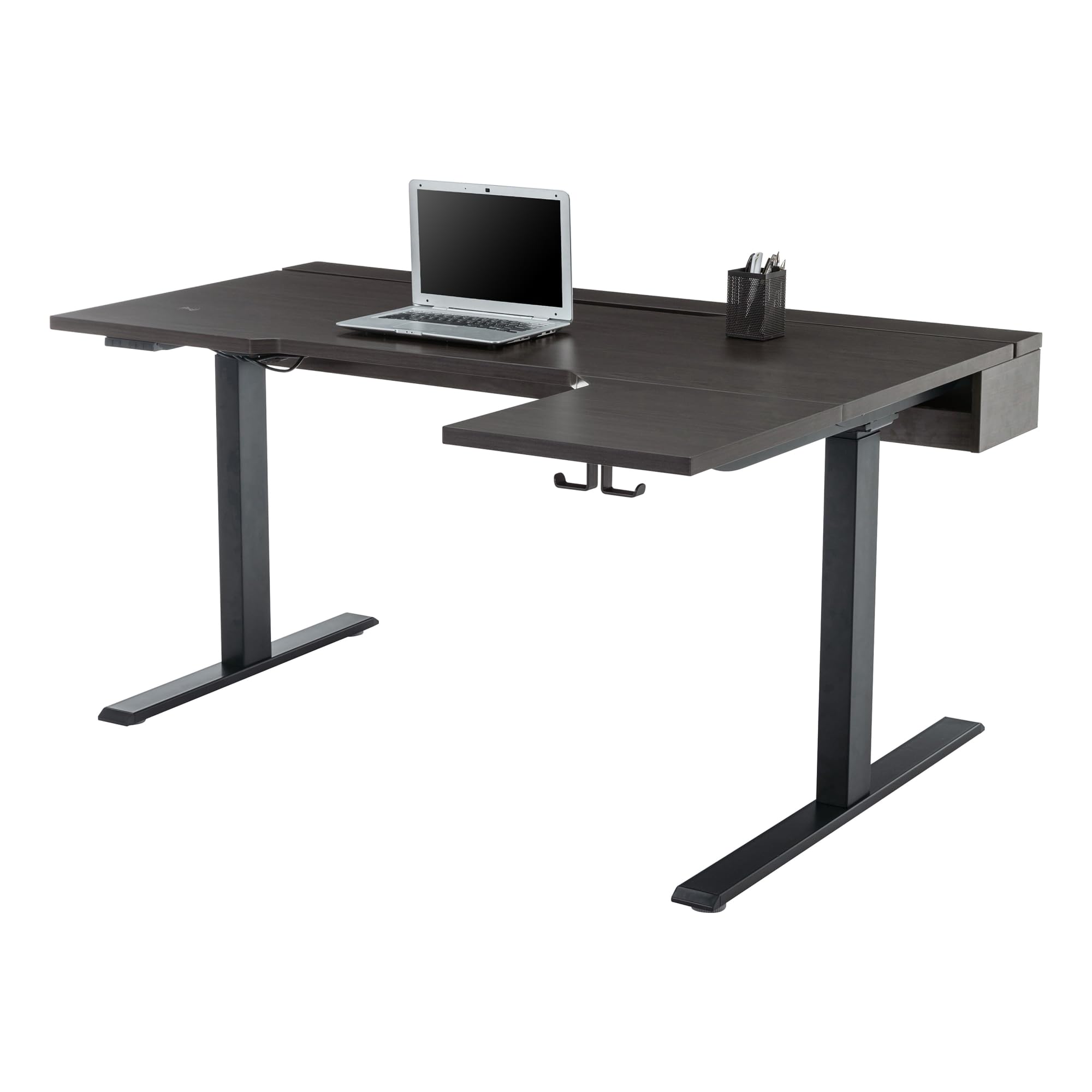 Realspace® Koru Electric 59"W L-Shaped Height-Adjustable Standing Desk with Integrated Power & Charging, Espresso Oak