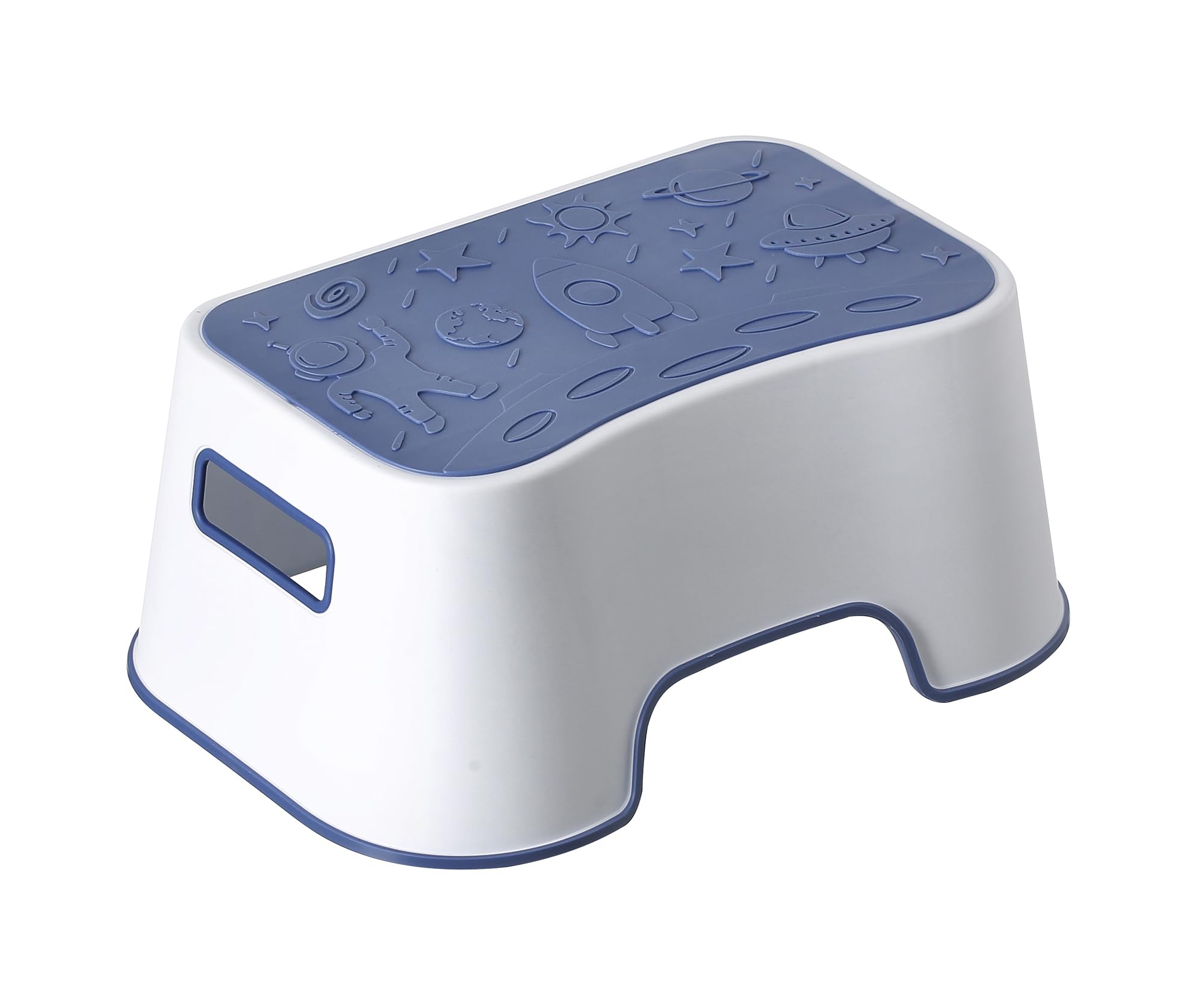 A+KCEYON Step Stool for Kids, Cute Design and Anti-Slip Kids Step Stool with Recessed Handles, Portable Footstool for Kitchen, Bathroom Sink and Toilet Potty Training (Blue-Space Motif)