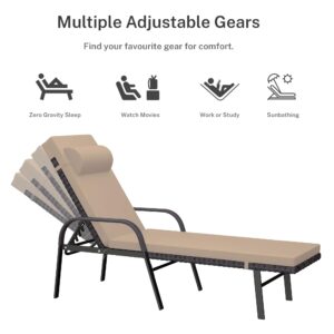 Trumbeak Patio Chaise Lounge Set 3 Pieces Pool Lounge Chairs,Cushioned Outdoor Folding Lounge Chair w/Arm and Rattan Adjustable Backrest for Poolside Porch,Folding Table Included,Sand