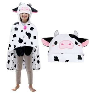 kuuko child wearable hooded blanket: whimsical cow design, cozy flannel, one size fits all, 39.3" length, 49.2" width, 8.6" hood