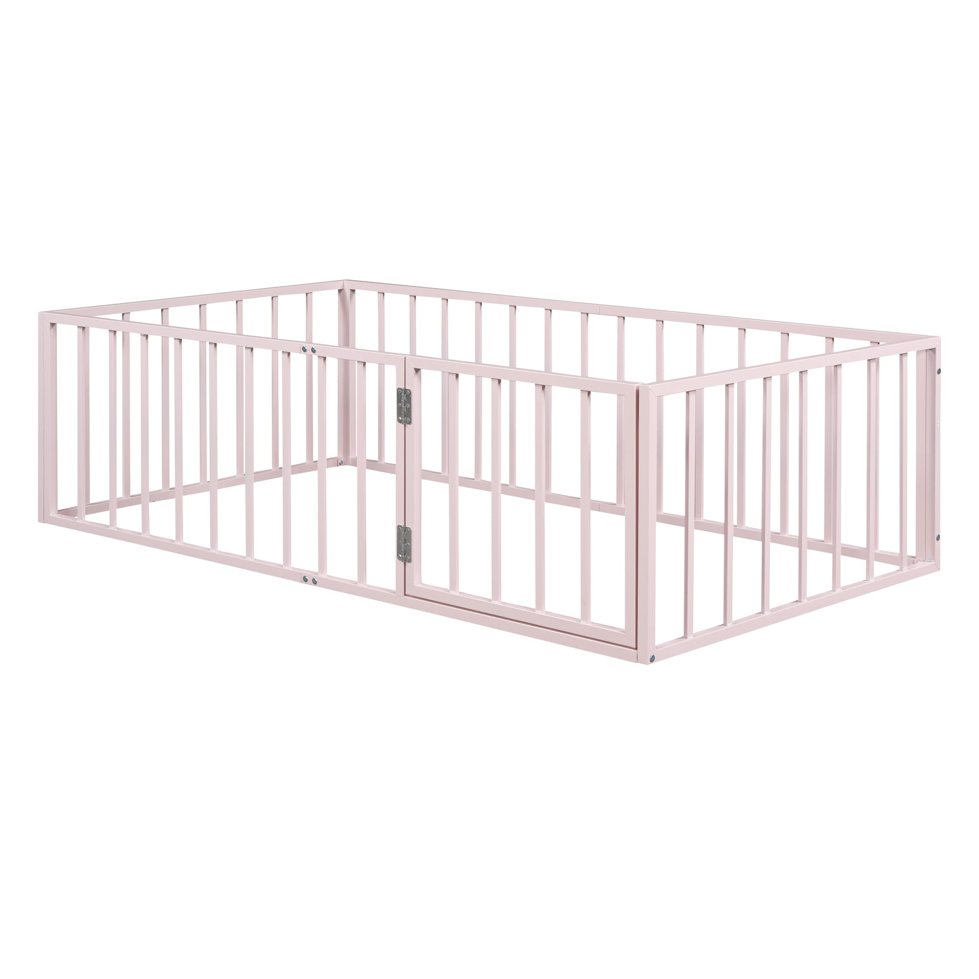 Acosure Twin Size Metal Floor Bed Frame with Fence and Door, Versatile Montessori Beds,No Box Spring Needed,Easy to Install,for Kids,Boys,Girls,Pink