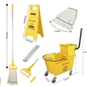 Midoneat Side Press Wringer Combo Commercial Mop Bucket on Wheels, 35 Quart,Yellow, Including Wet Floor Caution Sign（24Inch） and One Industrail Mop