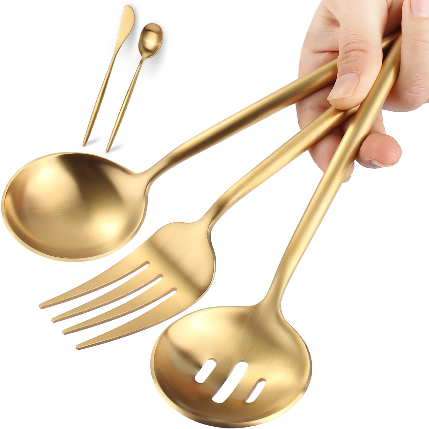 Large Serving Utensils Set,5 Pcs Stainless Steel Gold Serving utensils with 10.8 Inch Serving Fork,10.3 Inch Serving Spoon and Slotted Serving Spoon,Sugar Spoon and Butter Knife for Buffet