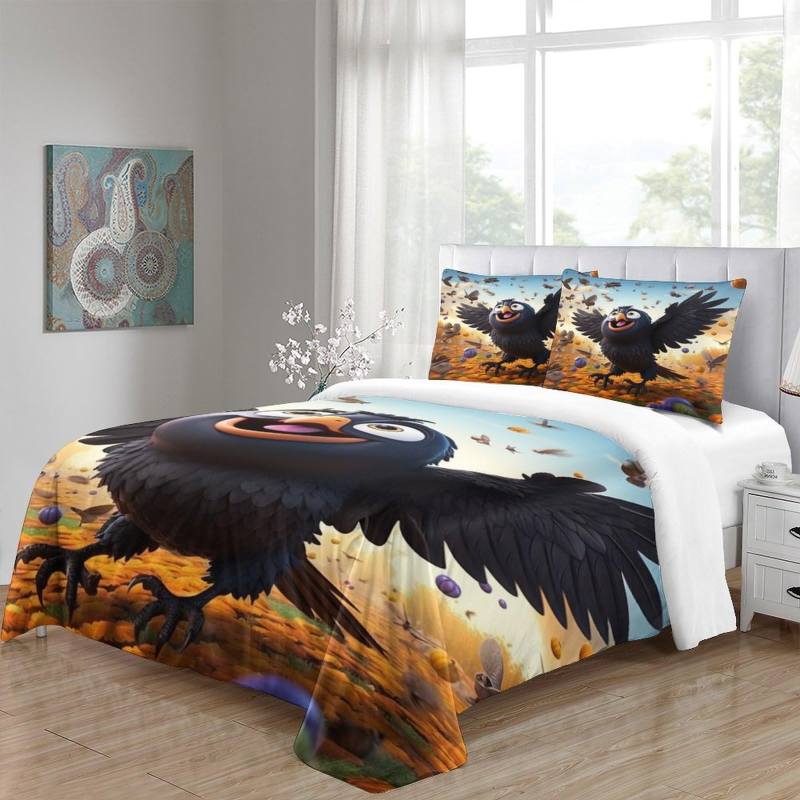 ESSAHI Raven 3D Printed Crow Bedding Set Comforter Covers Quilt Cover Duvet Cover with Pillowcases for Childrens and Adults Microfiber 3 Pieces with Zipper Closure Queen（228x228cm）