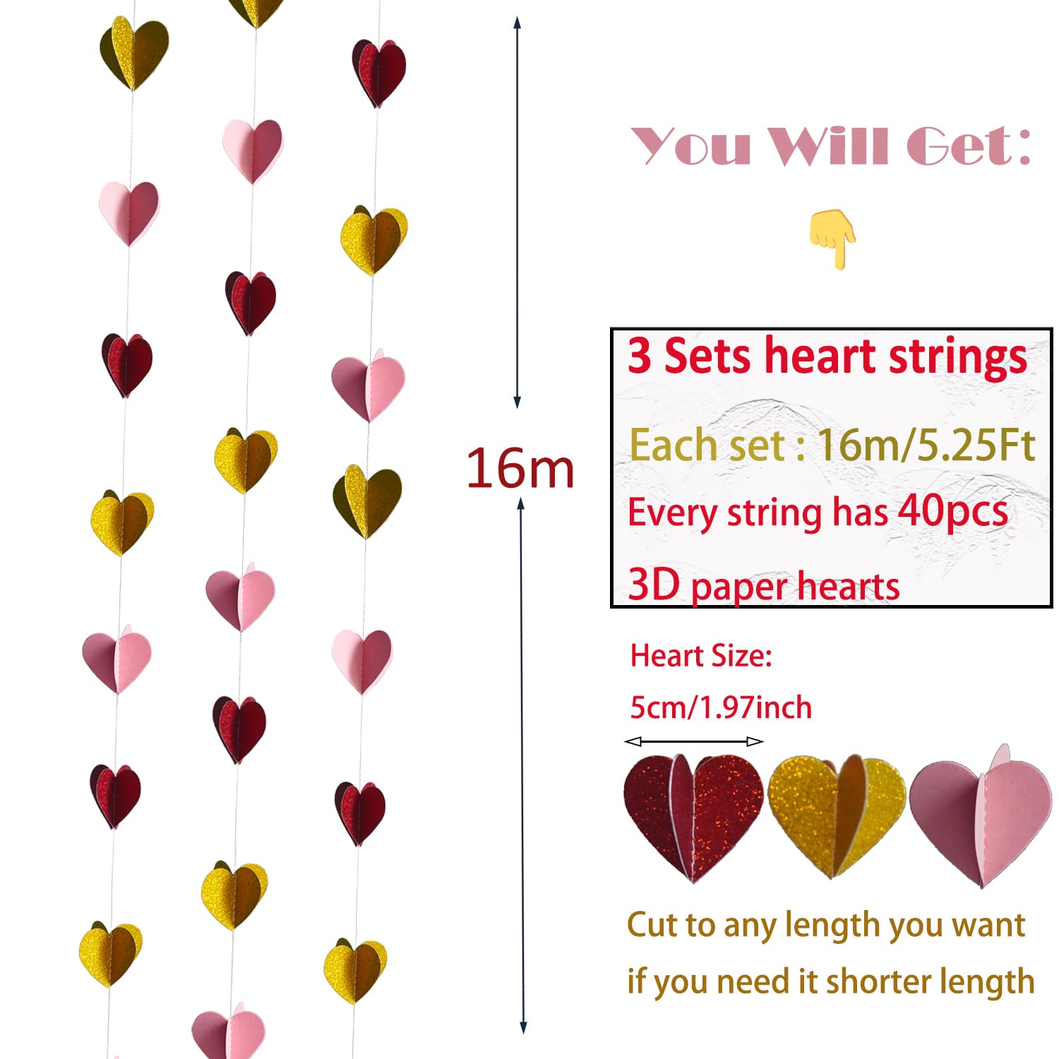 Rose-Red Gold Party Decoration, 3D Heart Garland 53Ft Hanging Love Heart Streamers, 3Packs Pink Bachelorette Party Favors Hearts Décor Valentine’s Day Birthday Engagement Wedding Bridal Shower Banner