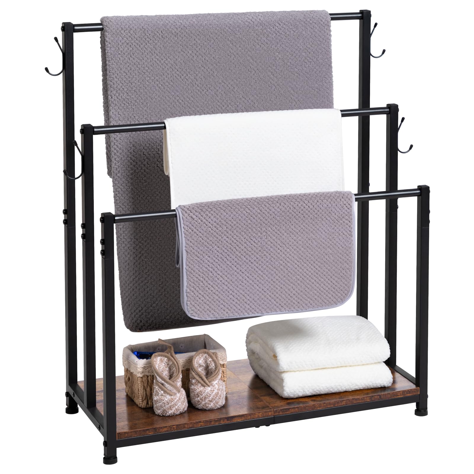 LOAKEKEL 3 Tier Towel Rack with 4 Hooks, Freestanding Blanket Ladder, Towel Holder with Metal Frame, Blanket Rack for Bedroom, Blanket Holder for Bathroom, Brown HTR032BR