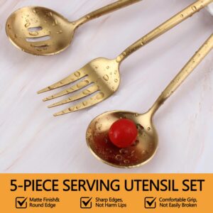 Large Serving Utensils Set,5 Pcs Stainless Steel Gold Serving utensils with 10.8 Inch Serving Fork,10.3 Inch Serving Spoon and Slotted Serving Spoon,Sugar Spoon and Butter Knife for Buffet