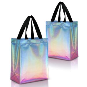 nush nush gradient gift bags medium size – set of 12 aqua to pink reusable gift bags with holographic finish - perfect as goodie bags, birthday gift bags, party favor bags - 8x4x10