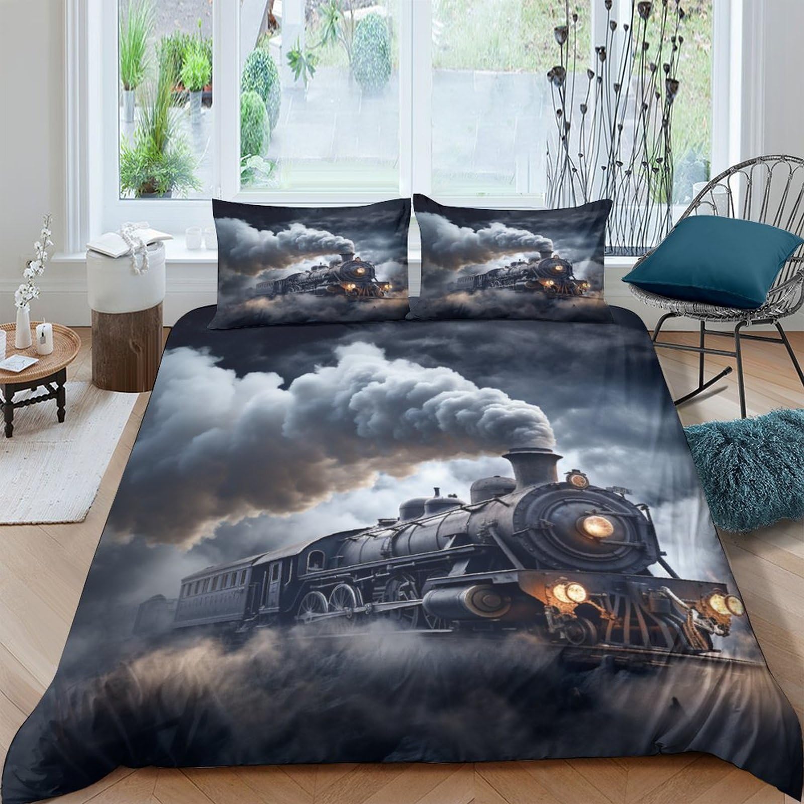 EVMILA Steam Train Comforter Covers Duvet Cover Quilt Cover for Boys Girls 3D Printed Steampunk Bedding Set with Zipper Closure Soft Microfiber with Pillow Cases 3 Pieces Twin（173x218cm）