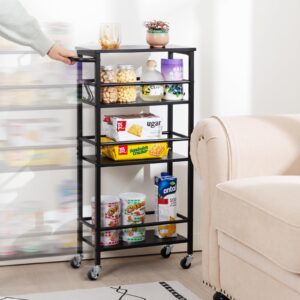 LOAKEKEL Slim Rolling Cart, 4-Tier Storage Cart on Wheels, Narrow Kitchen Cart with 6 Hooks for Small Spaces, 7.87" Deep, Mobile Shelving Unit Utility Cart for Dining Room, Bathroom, Black HKC04BK-1