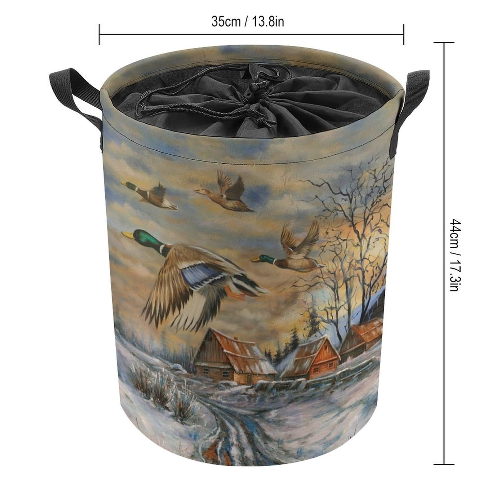 Brebasf Abstract Hunting Theme Duck Dirty Clothes Hampers Drawstring Large Volume,Vintage Farmhouse Oil Painting Forest Chickens Ducks Laundry Hamper Storage Basket-13.8"W X13.8"L X17.3"H