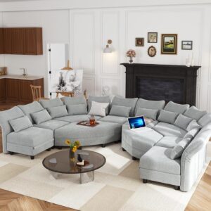 LLappuil U Shaped Oversized Sectional Sofa 167" Wide with 4 Diamond Ottomans, Chenille Modular Couches Sleeper Sofa with Storage and Adjustable Armrest for Living Room, Office, Entertainment, Grey