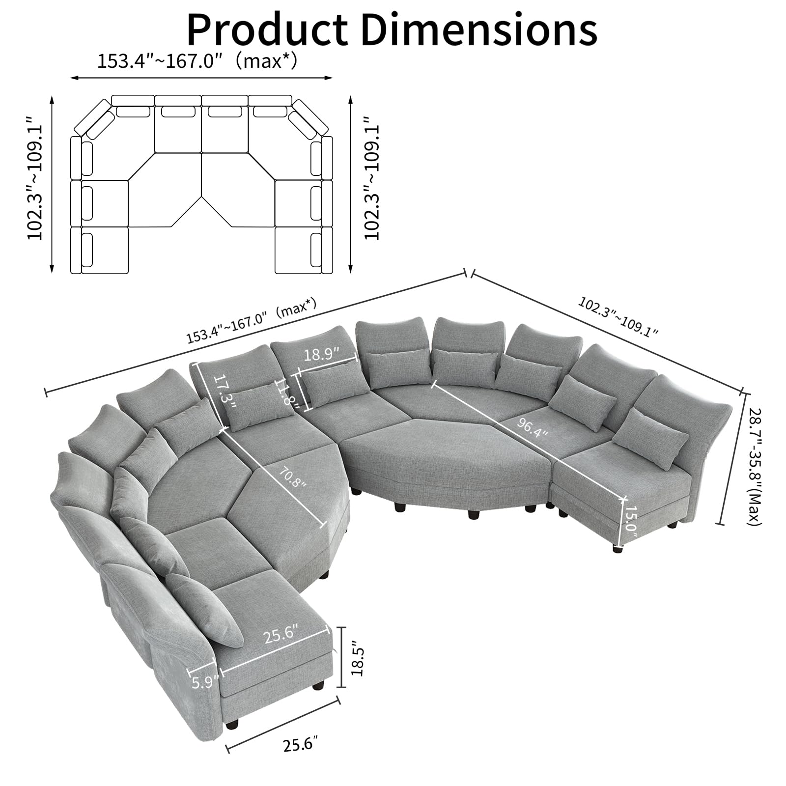 LLappuil U Shaped Oversized Sectional Sofa 167" Wide with 4 Diamond Ottomans, Chenille Modular Couches Sleeper Sofa with Storage and Adjustable Armrest for Living Room, Office, Entertainment, Grey