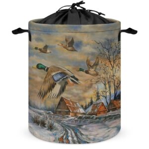 brebasf abstract hunting theme duck dirty clothes hampers drawstring large volume,vintage farmhouse oil painting forest chickens ducks laundry hamper storage basket-13.8"w x13.8"l x17.3"h