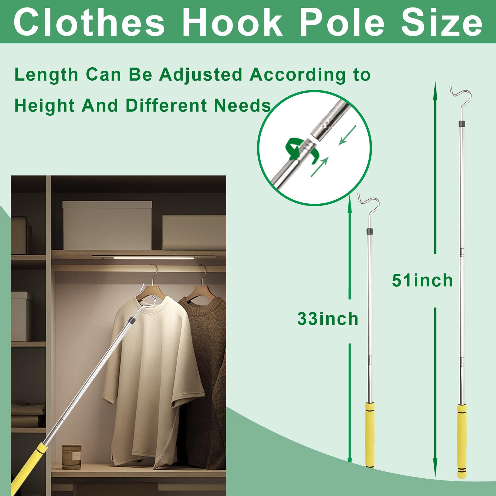 Frebuta Clothes Hook Pole Long Handle,51 Inch Closet Reacher Pole with Stainless Steel Tube S Hooks Hangs High for Lightweight Easy Storage Closet Rod with Shelf Pole Sturdy Ceiling Pole Closet Rod