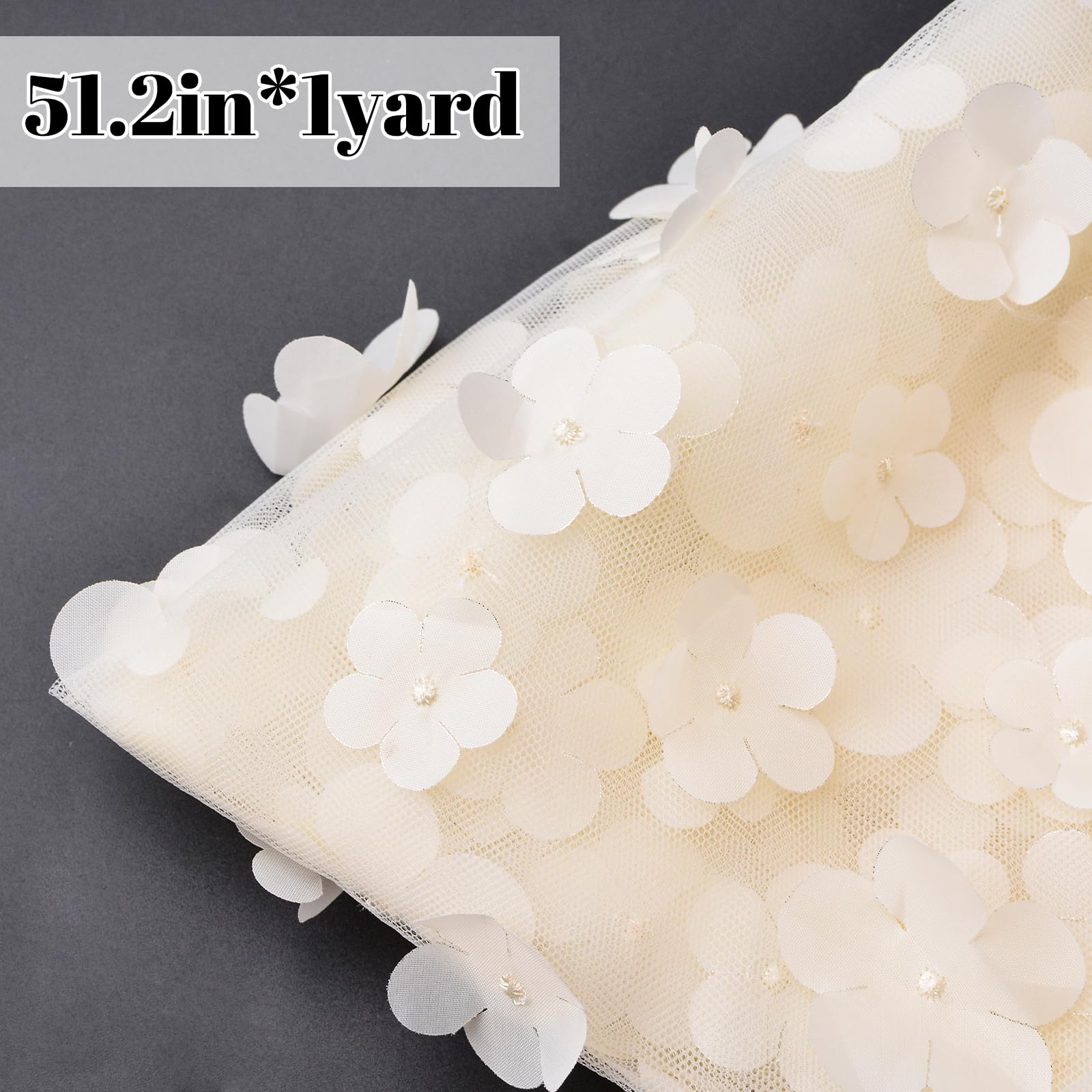 URROMA 1 Yard Embroidery Flower Lace Fabric, Off-White 3D Flower Lace Fabric Mesh Tulle lace for DIY Wedding Dress Costume Accessories Veil Home Decor