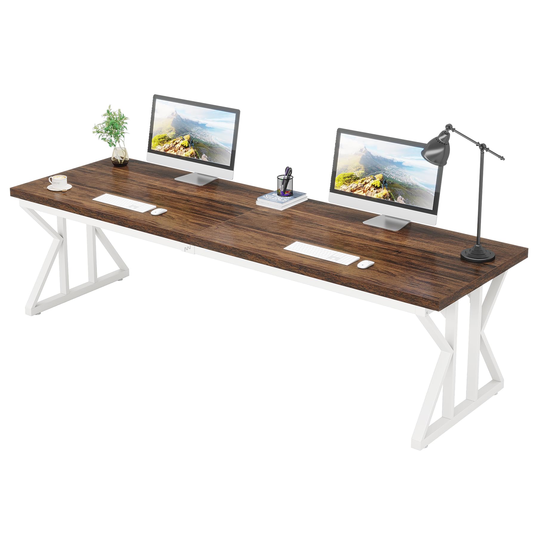 Tribesigns 78.7 Inches Long Computer Desk, Two Person Desk Large Executive Office Desk, Double Desk Study Writing Table for Home Office (Brown/White)