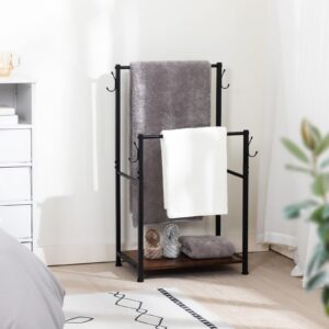 LOAKEKEL Towel Rack, 2 Tier Blanket Rack, Bathroom Towel Rack with 4 Hooks for Small Spaces, 17.01" Length, Blanket Holder with Shelf for Bedroom, Rustic Brown, HTR021BR