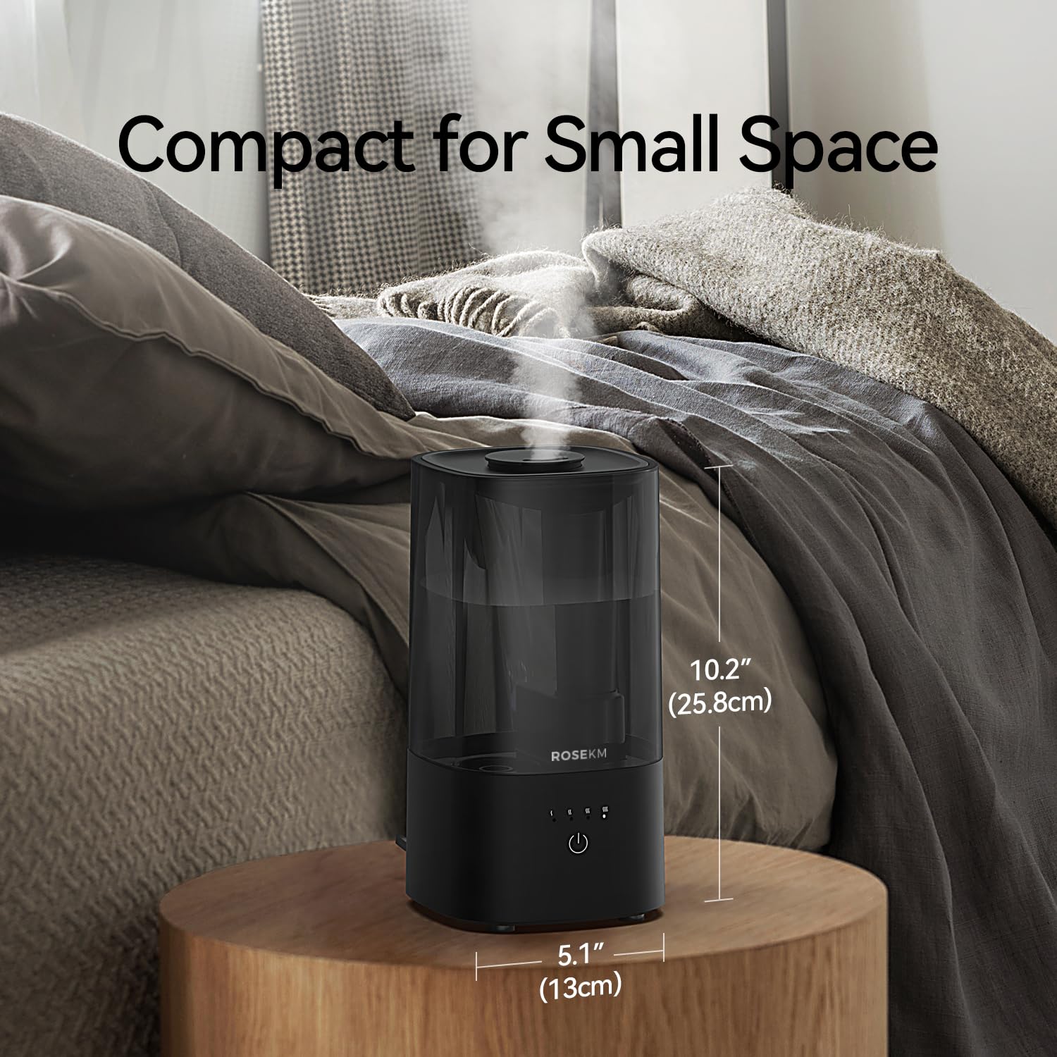 ROSEKM Cool Mist Humidifiers for Bedroom, 2.0L Small Humidifier for Baby and Plant, Last Up to 10H on Max Mist Setting, Auto Shut-Off, Auto-Off Indicator, 360° Nozzle (Black)