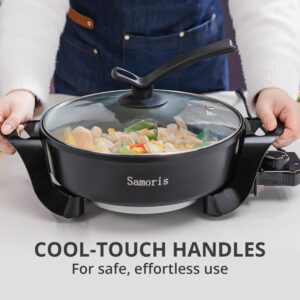 Samoris Electric Skillet with lid 3 Quart 10 Inch Round Cooker with Nonstick Coating,Electric Hot Pots and Frying Pan,Adjustable Temperature, Tempered Glass Lid with Vent, 1200W,Black