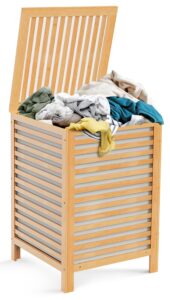 purbambo laundry hamper with lid, 95l bamboo laundry basket with removable liner bag, 2-section laundry sorter for home bathroom bedroom