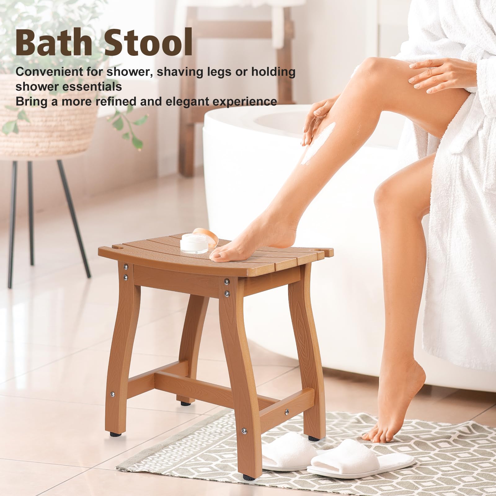 SUEH DESIGN Shower Bench, HIPS Shower Chair Waterproof Shower Stool for Inside Shower Spa, Shower Seat for Adults Elderly Indoor Outdoor, Teak