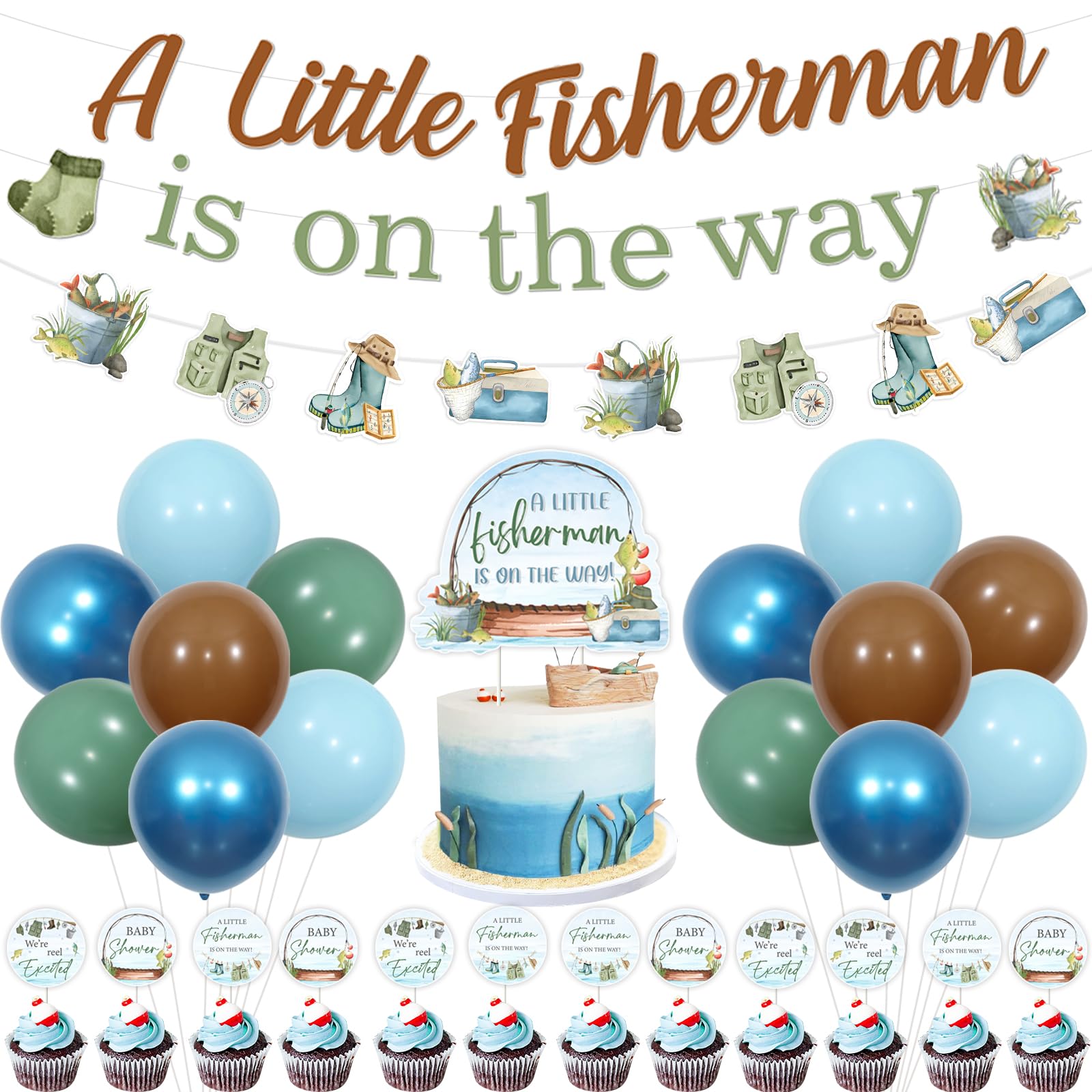 kreat4joy Fishing Baby Shower Decorations for Boy, Gone Fishing Baby Shower Decorations, A Little Fisherman Is on the Way Banner Cake Cupcake Toppers Blue Green Brown Balloons for Fish Baby Shower