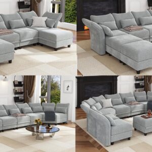 LLappuil U Shaped Oversized Sectional Sofa 167" Wide with 4 Diamond Ottomans, Chenille Modular Couches Sleeper Sofa with Storage and Adjustable Armrest for Living Room, Office, Entertainment, Grey