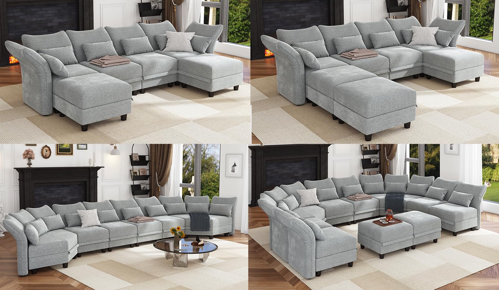 LLappuil U Shaped Oversized Sectional Sofa 167" Wide with 4 Diamond Ottomans, Chenille Modular Couches Sleeper Sofa with Storage and Adjustable Armrest for Living Room, Office, Entertainment, Grey