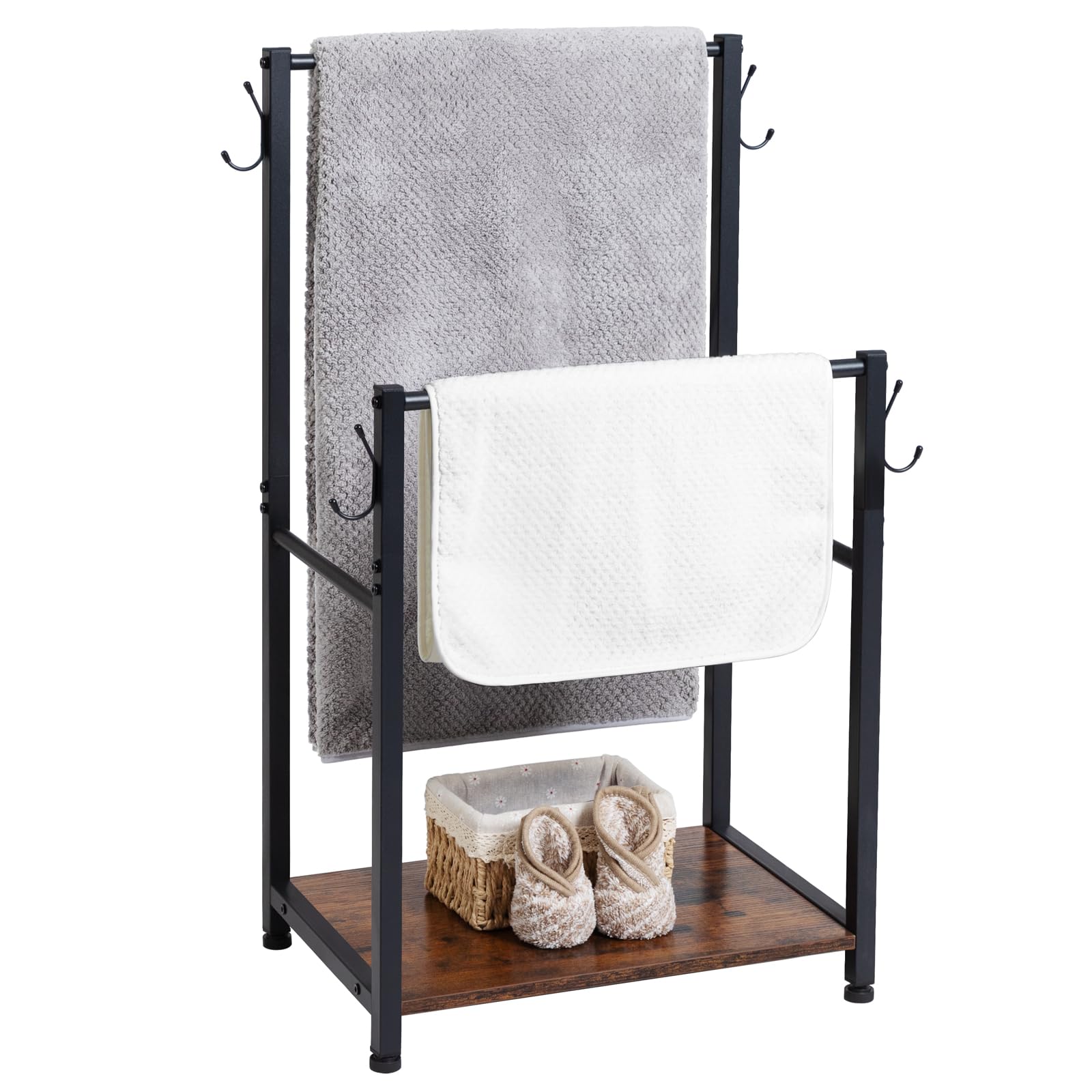 LOAKEKEL Towel Rack, 2 Tier Blanket Rack, Bathroom Towel Rack with 4 Hooks for Small Spaces, 17.01" Length, Blanket Holder with Shelf for Bedroom, Rustic Brown, HTR021BR