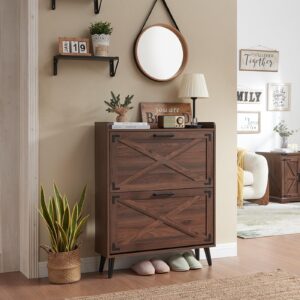 barnyatoh shoe storage cabinet,farmhouse shoe organizer with 2 flip drawers & barn door design,freestanding hidden slim narrow shoe rack cabinet for entryway,foyer,hallway,walnut