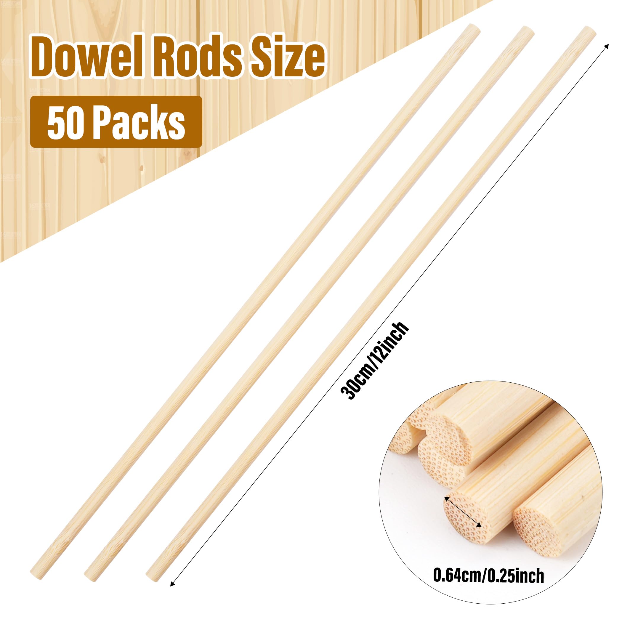 50Pcs Wooden Dowel Rods 1/4 x 12 Inch Wood Sticks for Crafts, Precut Wooden Rod Sticks Natural Wood Dowels for Craft and DIY Projects, Cake Dowels Hardwood Craft Dowel Rods