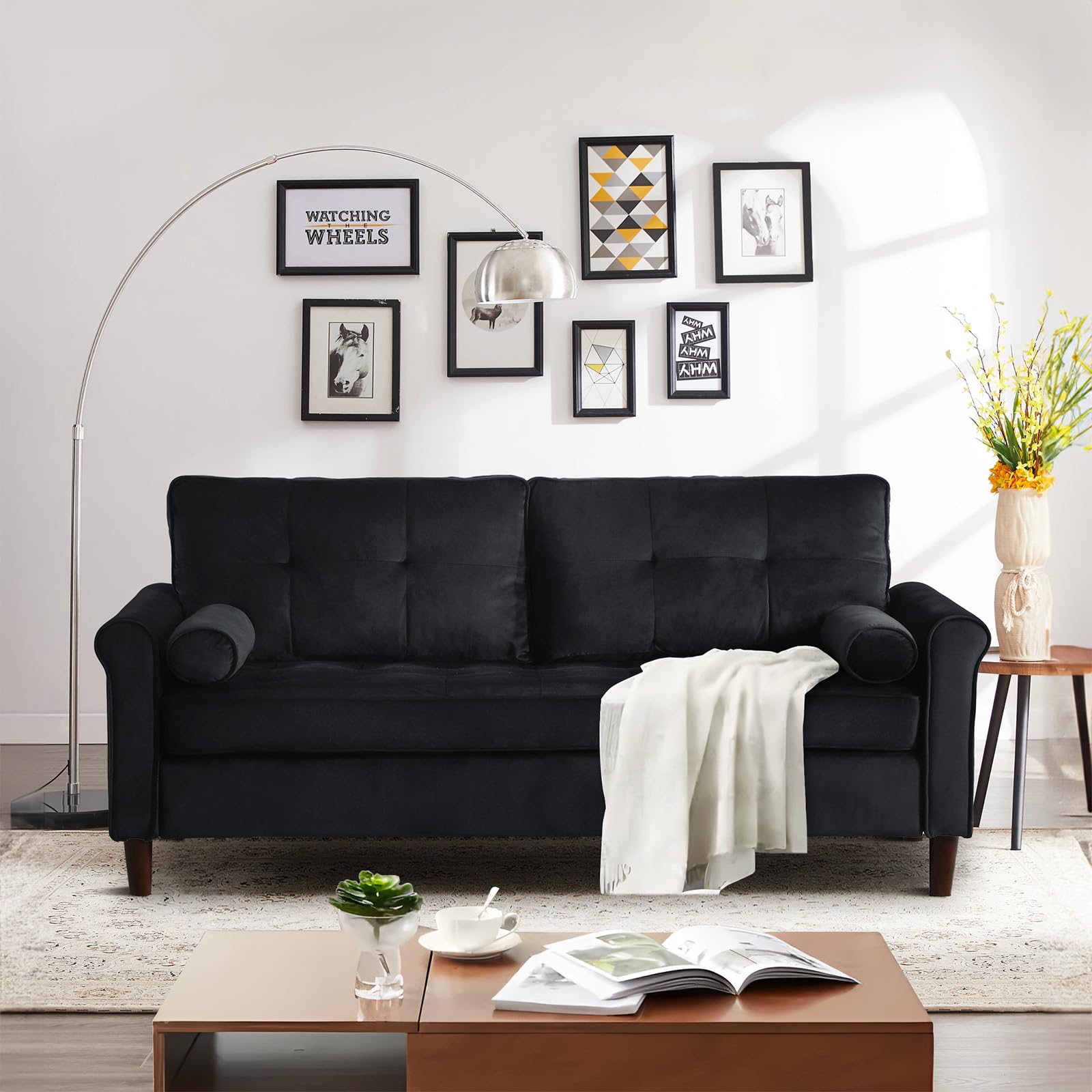 61.5-inch Small Black Couch, Comfy Velvet Upholstered Black Loveseat muebles para la sala Mid-Century Modern Couches Love Seat Mini Sofa for Bedroom Living Room Office Furniture for Small Spaces