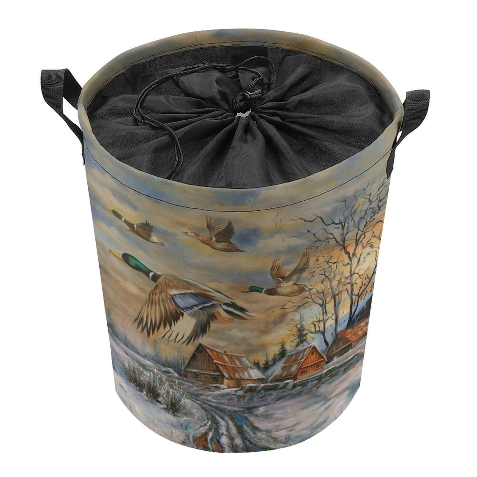 Brebasf Abstract Hunting Theme Duck Dirty Clothes Hampers Drawstring Large Volume,Vintage Farmhouse Oil Painting Forest Chickens Ducks Laundry Hamper Storage Basket-13.8"W X13.8"L X17.3"H