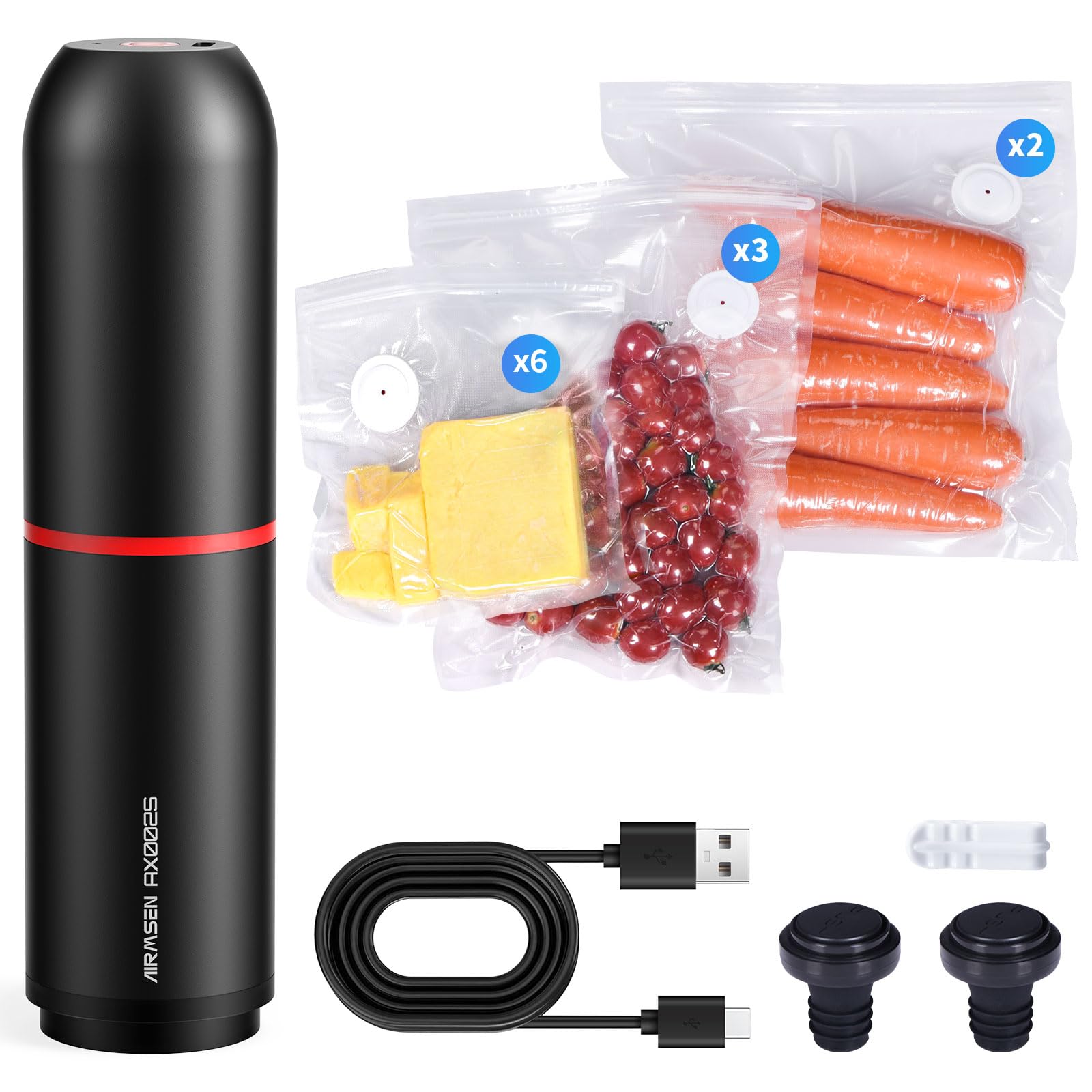 AIRMSEN Handheld Vacuum Sealer for Food Preservation & Storage, Portable Mini Vacuum Sealer with 11 PCS Reusable Sous Vide Bags and 2 PCS Vacuum Wine Sealer