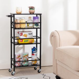 LOAKEKEL Slim Rolling Cart, 4-Tier Storage Cart on Wheels, Narrow Kitchen Cart with 6 Hooks for Small Spaces, 7.87" Deep, Mobile Shelving Unit Utility Cart for Dining Room, Bathroom, Black HKC04BK-1