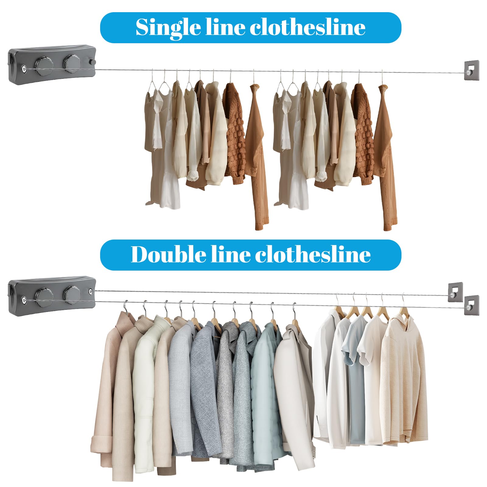 Retractable Clothesline Indoor Outdoor, Clothes Line Retracting, Double Retractable Clothes Lines, Wall Mounted Clothes Drying Line, Non-Sagging Stainless Steel Linefor Hanging Clothes with 16.7ft