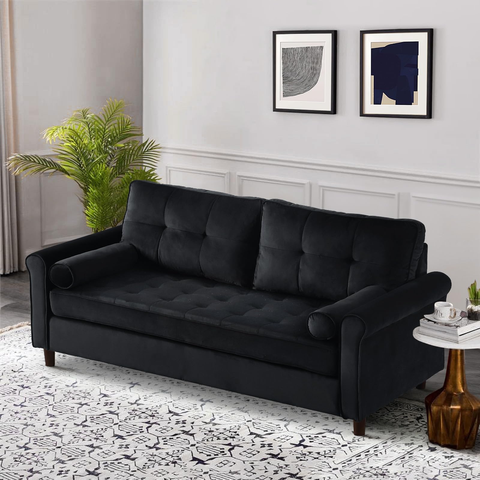 61.5-inch Small Black Couch, Comfy Velvet Upholstered Black Loveseat muebles para la sala Mid-Century Modern Couches Love Seat Mini Sofa for Bedroom Living Room Office Furniture for Small Spaces