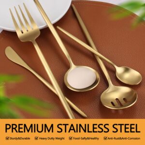 Large Serving Utensils Set,5 Pcs Stainless Steel Gold Serving utensils with 10.8 Inch Serving Fork,10.3 Inch Serving Spoon and Slotted Serving Spoon,Sugar Spoon and Butter Knife for Buffet