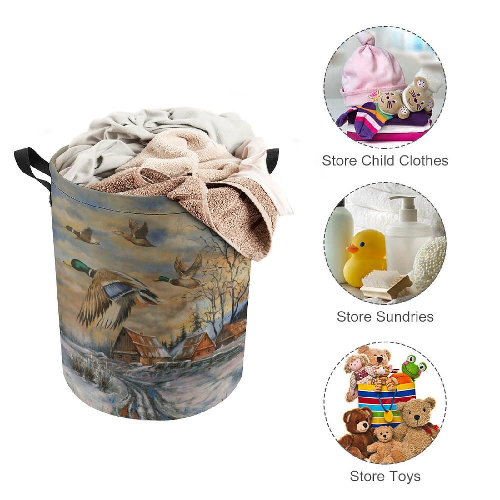 Brebasf Abstract Hunting Theme Duck Dirty Clothes Hampers Drawstring Large Volume,Vintage Farmhouse Oil Painting Forest Chickens Ducks Laundry Hamper Storage Basket-13.8"W X13.8"L X17.3"H