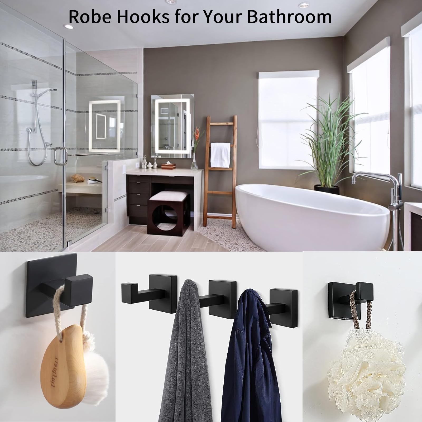 Kruodop 2 Pack Towel Hooks for Bathroom, Wall Mount Towel Holder, Black Matte Wall Robe Hook, Square Heavy Duty Stainless Steel Hook Hanger for Bath Towel, Coat, Key